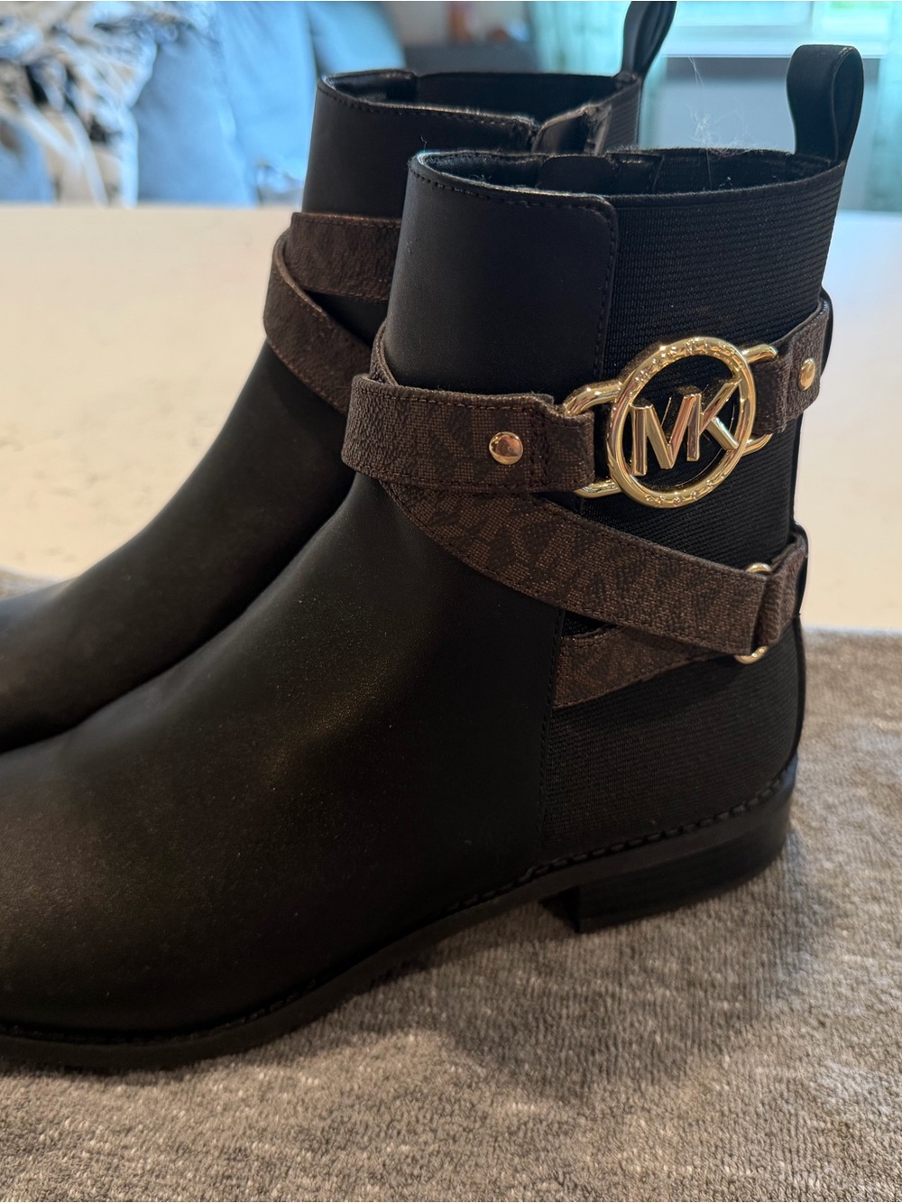 Michael Kors Rory Black Flat Boots with Brown Logo Straps and Gold MK Hardware - Picture 2 of 3